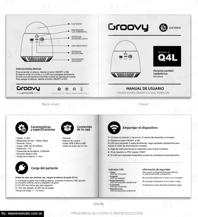 Packaging Parlante Modelo Q4L - Diseño de Manual de Usuario