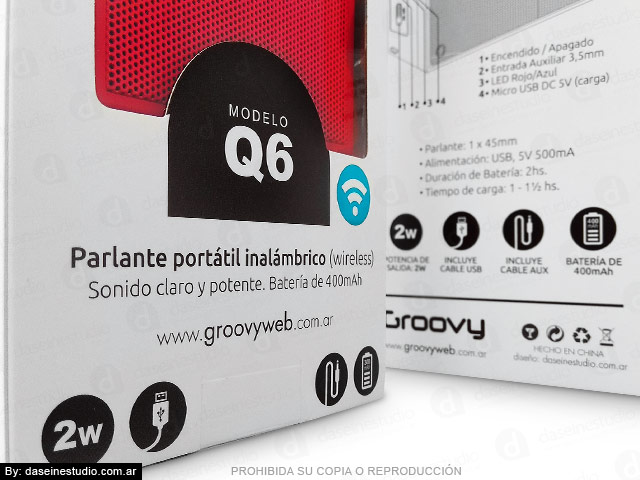 Packaging Parlante Modelo Q6 - Detalle de diseño de envase