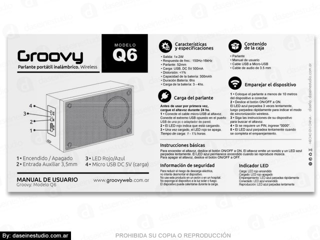 Packaging Parlante Modelo Q6 - Diseño de Manual de Usuario