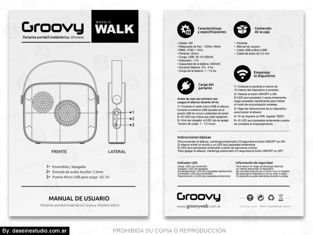 Packaging Parlante Modelo WALK - Diseño de Manual de Usuario