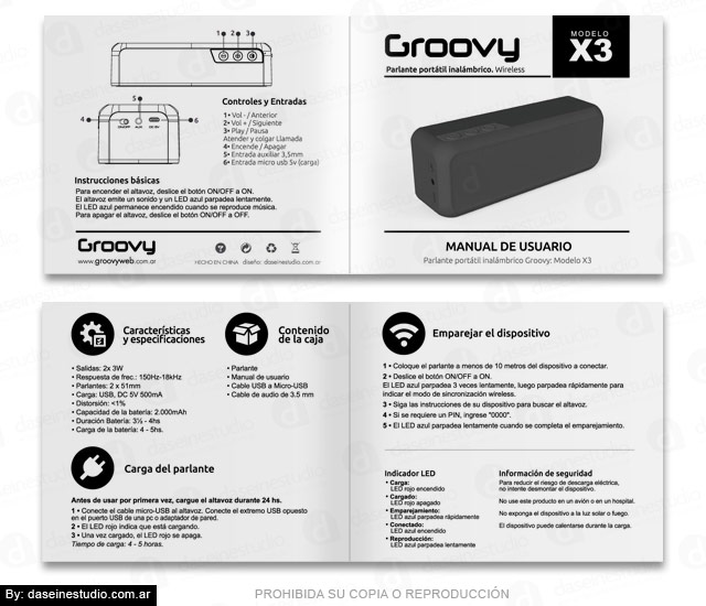 Packaging Parlante Modelo X3 - Diseño de Manual de Usuario