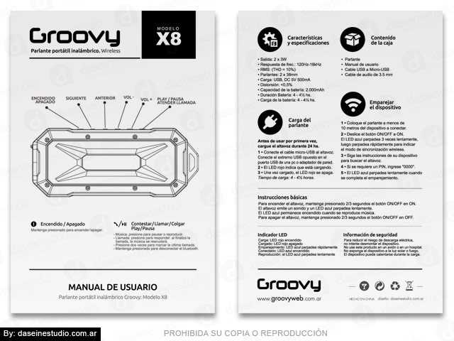 Packaging Parlante Modelo X8 - Diseño de Manual de Usuario